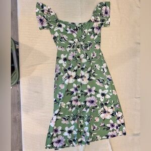 Miami Green Floral off the shoulder dress with tie detail